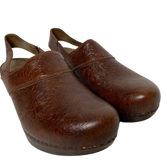 Dansko Floral embossed Brown Leather Slip on Strap Clogs (10) - Picture 5 of 9